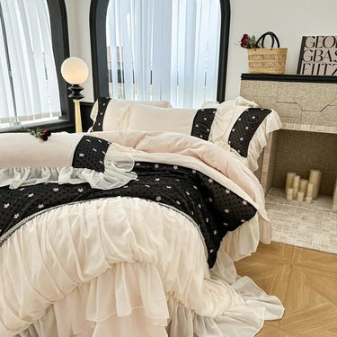 Black White Flower Romantic Embroidered Ruffles French Duvet Cover, Velvet Fleece Bedding Set
